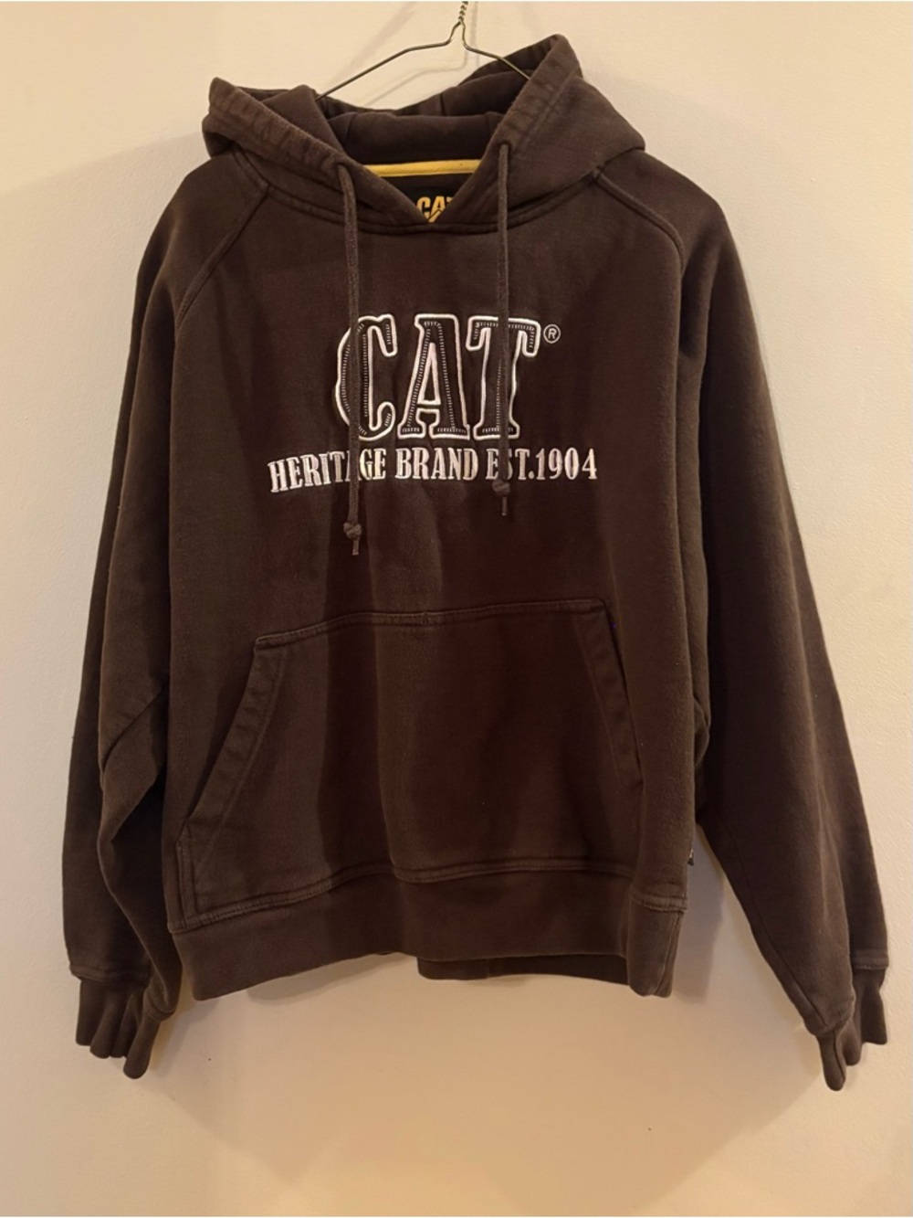 Men’s caterpillar Brown Hoodie with unique embroidered letters, Sz S